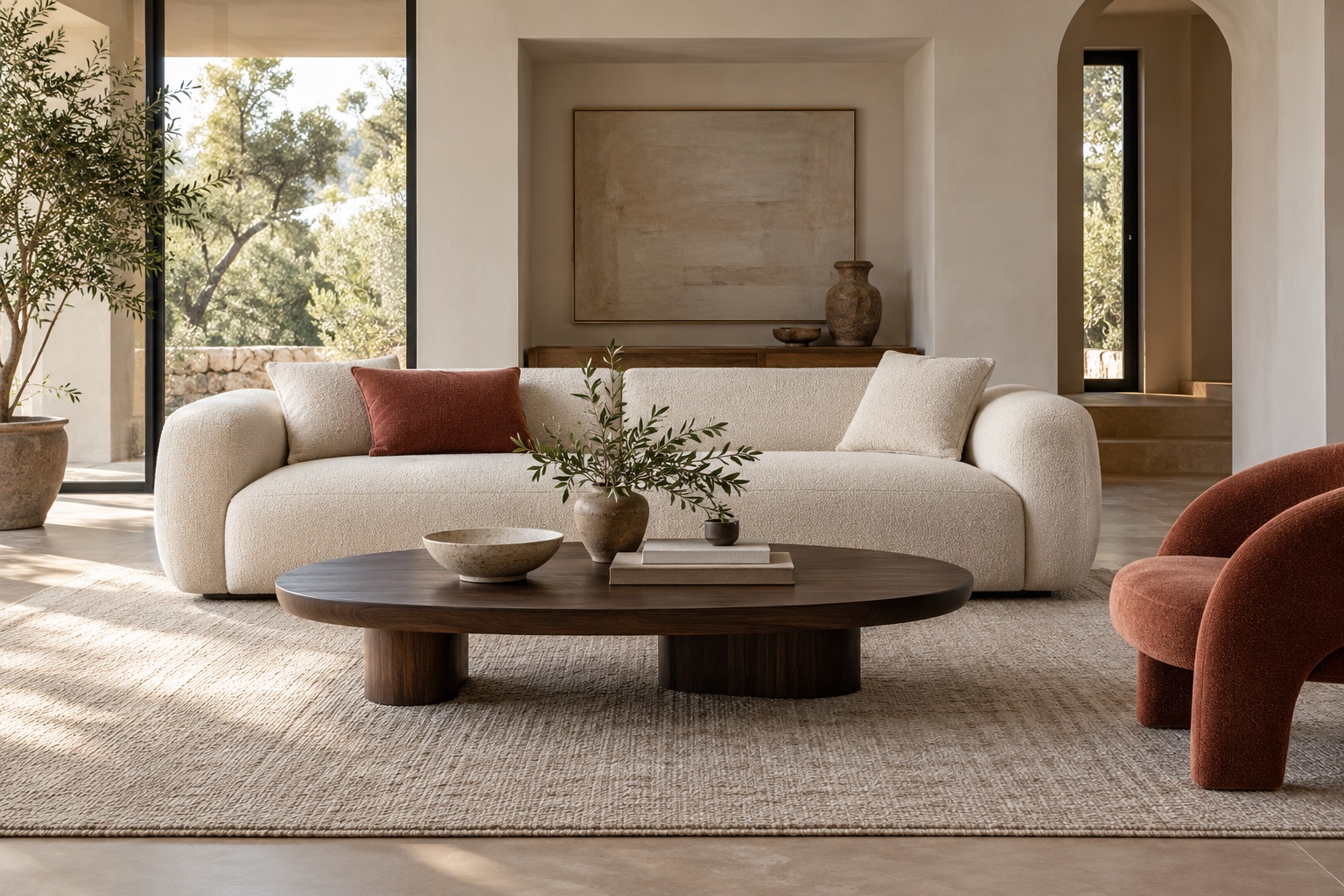 Illustrative cream sofa and walnut coffee table in a sunlit room; not actual La Rose inventory